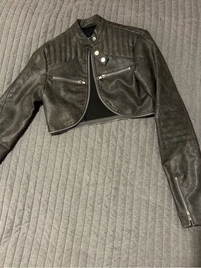 I.AM.GIA Cropped Black Leather Moto Jacket with Silver Zippers